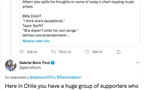 Gabriel Boric cierra filas con Taylor Swift ante polémica con Damon Albarn.(2)