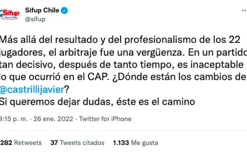 El polémico mensaje que envió el Sindicato de Futbolistas Profesionales a Javier Castrilli tras la polémica definición entre Huachipato y Copiapó. (Foto: Captura Twitter Sifup)