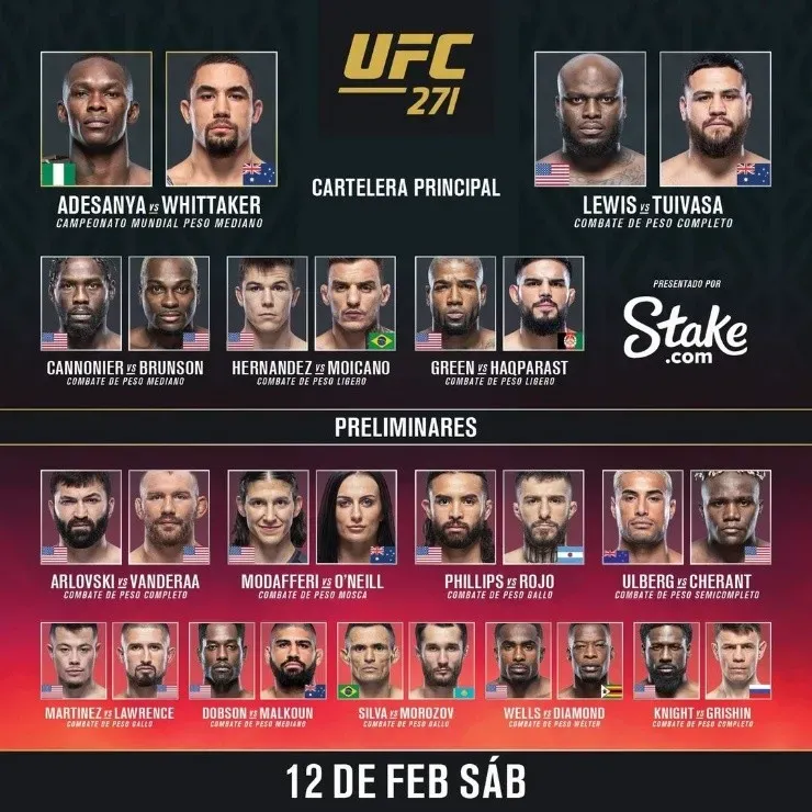 Cartelera UFC 271: Adesanya vs Whittaker. (Foto: UFC)