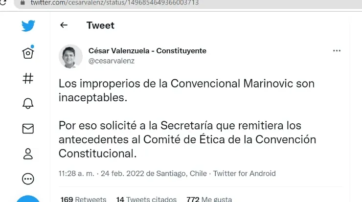 El tuiteo de César Valenzuela contra Teresa Marinovic.
