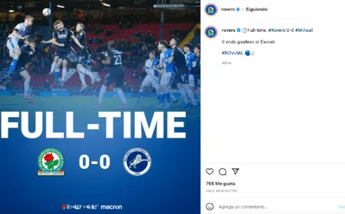 Rovers y Millwall no se sacaron ventaja y repartieron puntos por la fecha 33 de la EFL Championship. (Foto: @rovers)