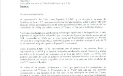 La carta firmada por el gerente hispano Luis Baquedano (Fuente: Unión Española)