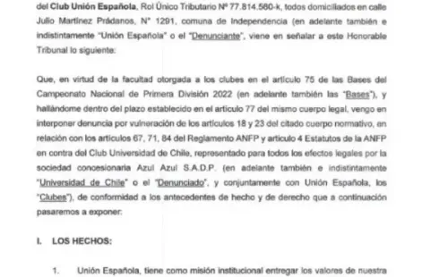 La carta de Unión Española al Tribunal de Disciplina (Fuente: La Hora)