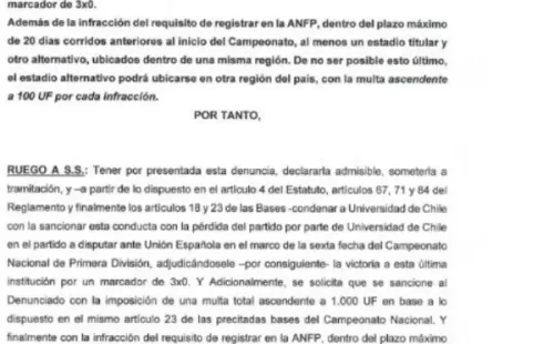 La parte del escrito donde Unión pide formalmente los puntos (Fuente: La Hora)