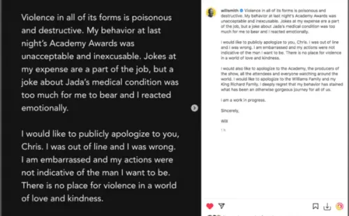 Will Smith pide disculpas tras cachetada a Chris Rock.(Foto: Instagram)