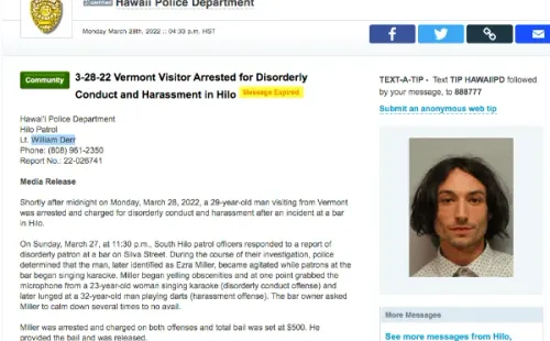 Actor de The Flash, Ezra Miller, detenido por desórdenes y acoso.