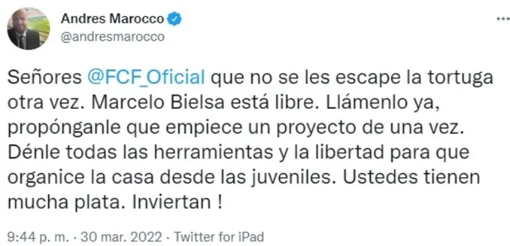 El destacado periodista Andrés Marocco no quiere que a Colombia se le pase la opción de contar con Marcelo Bielsa