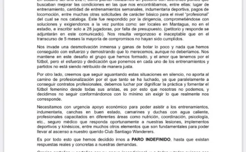 El comunicado de las jugadoras de SW. (Foto: Awante.cl)
