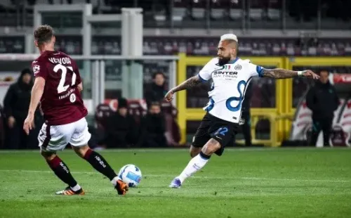 Inter midfielder Arturo Vidal (22) shoots the ball during the Serie A football match n.29 TORINO - INTER on March 13, 2022 at the Stadio Olimpico Grande Torino in Turin, Piedmont, Italy. Final result: Torino-Inter 1-1. (Photo by Matteo Bottanelli/NurPhoto)-Not Released (NR) RESTRICTED TO EDITORIAL USE