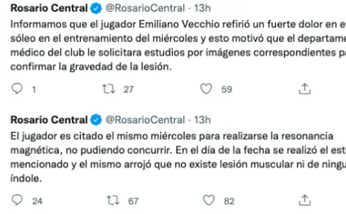 Rosario Central explica la situación de Emiliano Vecchio. (Foto: @RosarioCentral)