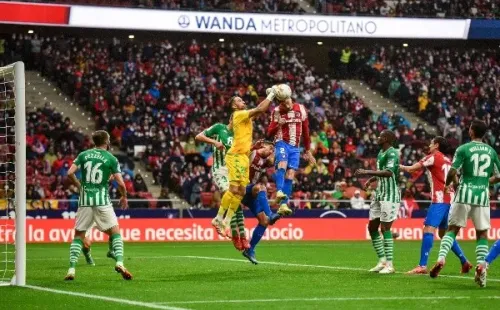 Josema Gimenez and Claudio Bravo during La Liga match between Atletico de Madrid and Real Betis at Wanda Metropolitano on October 31, 2021 in Madrid, Spain. (Photo by Ruben de la Fuente Perez/NurPhoto)-Not Released (NR) RESTRICTED TO EDITORIAL USE