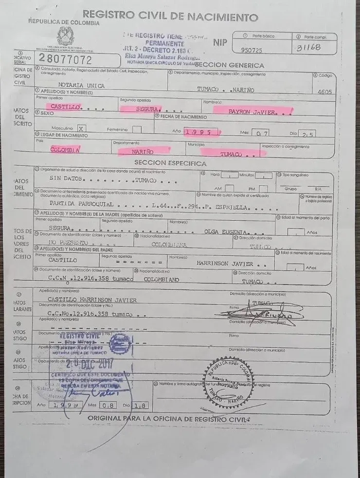 El documento que certifica que el jugador ecuatoriano Byron Castillo es en verdad, colombiano