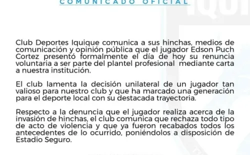 El comunicado de Deportes Iquique sobre Edson Puch.