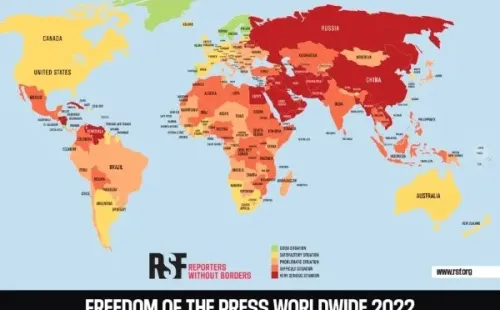 Mapa 2022 de la Clasificación Mundial de Libertad de Prensa (Reporteros sin Fronteras)