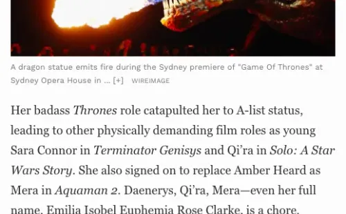 Así partió el rumor sobre que Clarke reemplazaría a Heard en Aquaman 2.(Foto: Forbes)