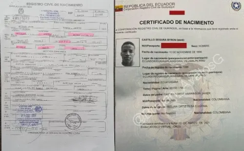 Los dos certificados de nacimiento que están a nombre de Byron Castillo. | Foto: captura