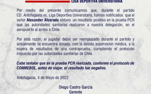 El comunicado de la Liga de Quito por el Covid positivo frente a Antofagasta.