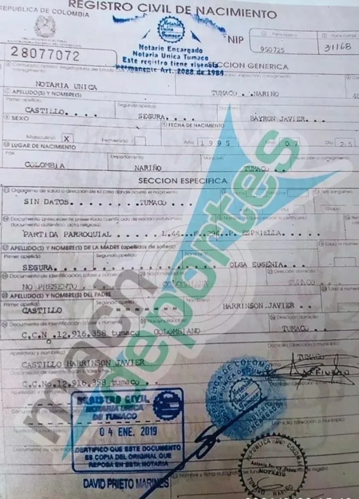 Byron Castillo aparentemente es Bayron Castillo, nacido en Colombia en 1995