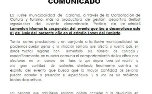 La Ilustre Municipalidad de Calama junto a Gestball anunciaron la suspensión del “partido de las estrellas” para inaugurar el estadio Zorros del Desierto. | Foto: Gestball