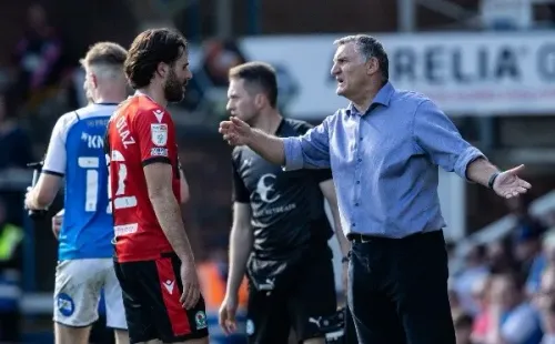 PETERBOROUGH, ENGLAND - APRIL 15: Blackburn Rovers' manager Tony Mowbray briefs Ben Brereton during the Sky Bet Championship match between Peterborough United and Blackburn Rovers at London Road Stadium on April 15, 2022 in Peterborough, England. (Photo by Andrew Kearns - CameraSport via Getty Images)-Not Released (NR) EDITORIAL USE ONLY. No use with unauthorized audio, video, data, fixture lists, club/league logos or 'live' services. Online in-match use limited to 120 images, no video emulation. No use in betting, games or single club/league/player pub