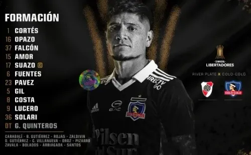 La formación confirmada de Colo Colo, que va de negro contra River Plate en Copa Libertadores.