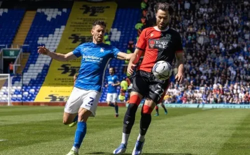 BIRMINGHAM, ENGLAND - MAY 07:Blackburn Rovers' Ben Brereton competing with Birmingham City's Maxime Colin during the Sky Bet Championship match between Birmingham City and Blackburn Rovers at St Andrew's Trillion Trophy Stadium on May 7, 2022 in Birmingham, England. (Photo by Andrew Kearns - CameraSport via Getty Images)-Not Released (NR) World Copyright © 2022 CameraSport. All rights reserved. For editorial use only. Contact CameraSport direct for any other use. All usage chargeable