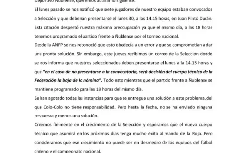 Colo Colo contesta con comunicado a Cagigao por la polémica entre la selección chilena y el partido ante Ñublense.