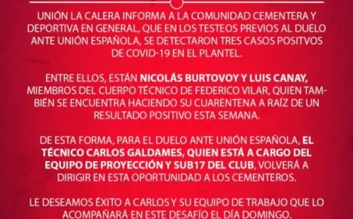 Comunicado de Unión La Calera sobre nuevos casos de covid en el plantel.