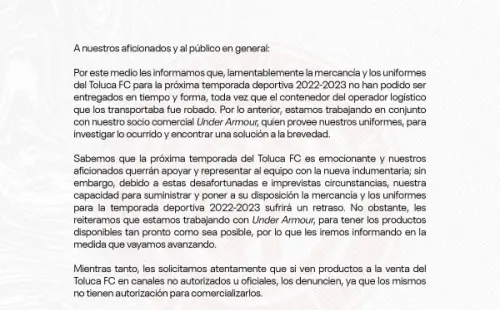El comunicado oficial de Toluca sobre esta situación.