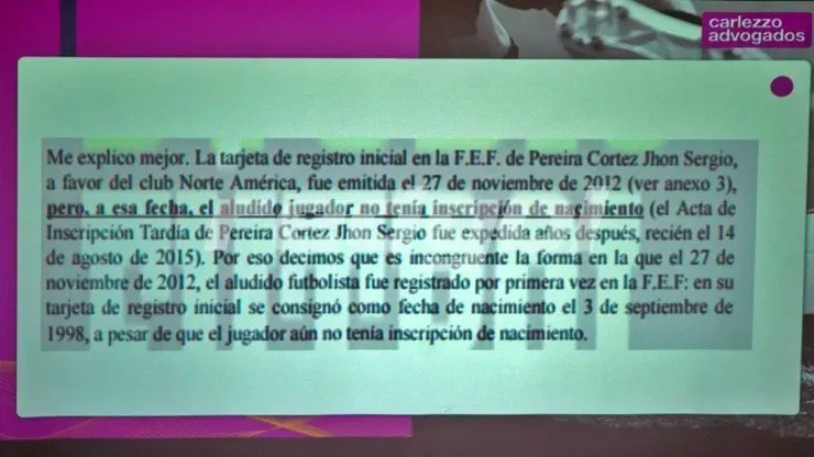 Se denuncia la incongruencia en la inscripción hecha en 2012 por Jhon Pereira en el club Norte América, el mismo de donde surge Castillo, ya que no tenía inscripción de nacimiento anterior