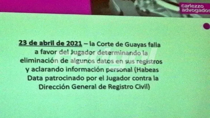 Sin embargo, la Corte del Guayas falla a favor del jugador después de que se elevara solicitud de un habeas data contra el Registro Civil