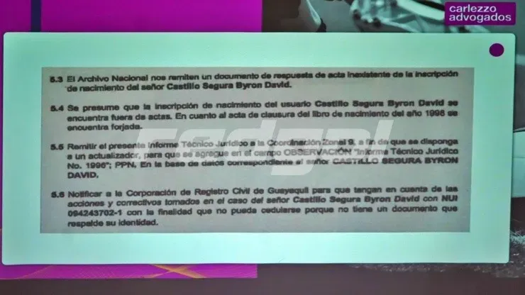 Se pide “notificar al Registro Civil de Guayaquil” que Castillo “no pueda cedularse porque no tiene un documento que respalde su identidad”