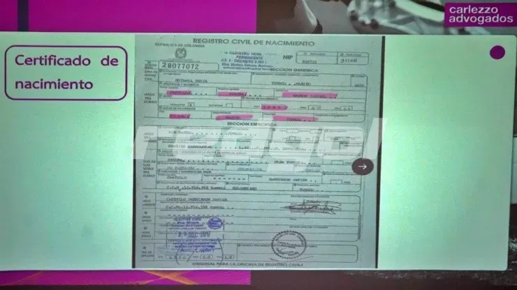 El acta de nacimiento de Bayron Castillo en Colombia