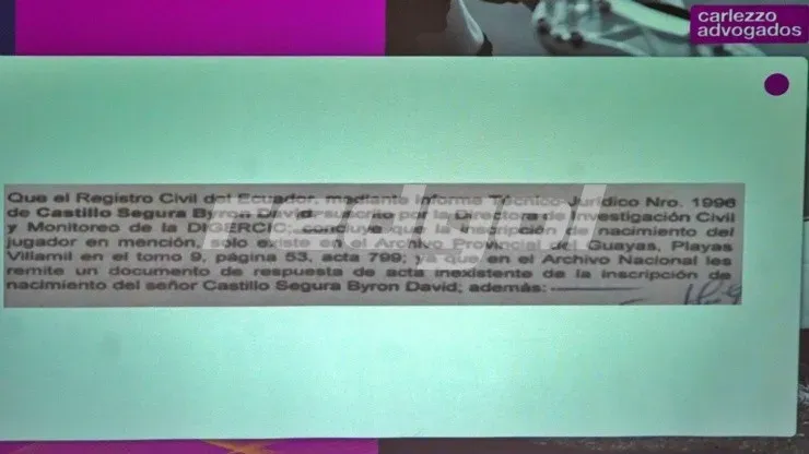 El informe aclara que el Registro Civil ecuatoriano declaró inexistente el expediente identitario del jugador, mientras que Colombia confirma la existencia de Bayron Castillo Segura, hijo de Harrison y Olga, todos colombianos