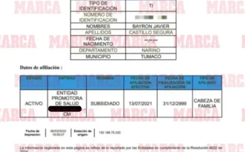 Marca hace eco de Eduardo Carlezzo y muestra hasta con sello de agua los papeles de seguridad social y el acta de bautismo de Byron Castillo como pruebas casi irrefutables de la falsificación de documentos del jugador que puede meter a Chile en el Mundial de Qatar.