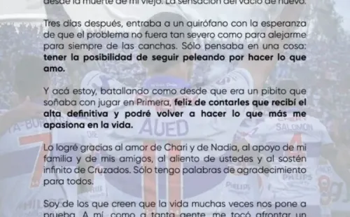 La carta publicada por Luciano Aued. (Foto: @Cruzados)