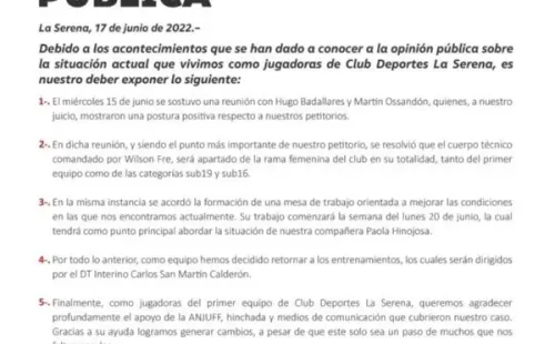 El comunicado de las jugadoras de La Serena. (ANJUFF)