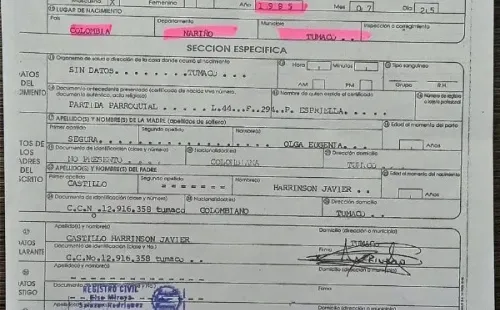 El certificado de nacimiento de Bayron Javier Castillo Segura emitido por el Registro Civil de Colombia