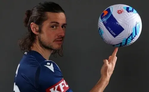 MELBOURNE, AUSTRALIA - OCTOBER 21: Marco Rojas of the Victory poses during a Melbourne Victory Men's A-League Headshots Session at AAMI Park on October 21, 2021 in Melbourne, Australia. (Photo by Robert Cianflone/Getty Images for APL)-Not Released (NR)