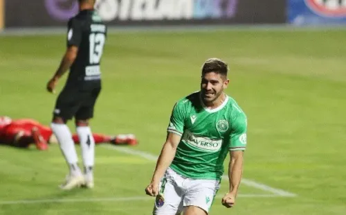 Lautaro Palacios festeja el gol que le convirtió a Palestino el 14 de marzo de este año. Foto: Agencia Uno.