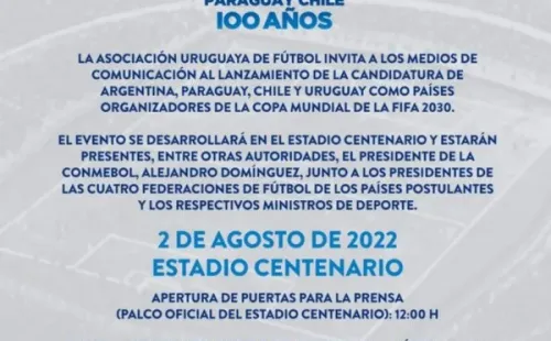 La invitación de la Asociación Uruguaya de Fútbol para lanzar el Mundial 2030