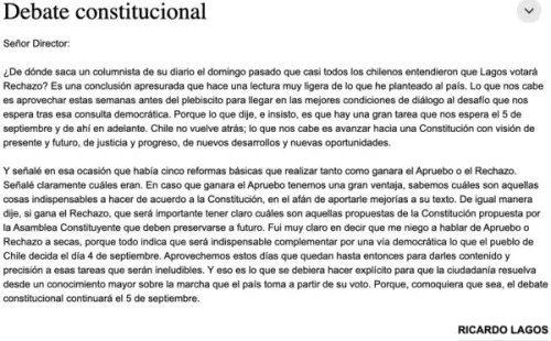 Carta de Ricardo Lagos a El Mercurio