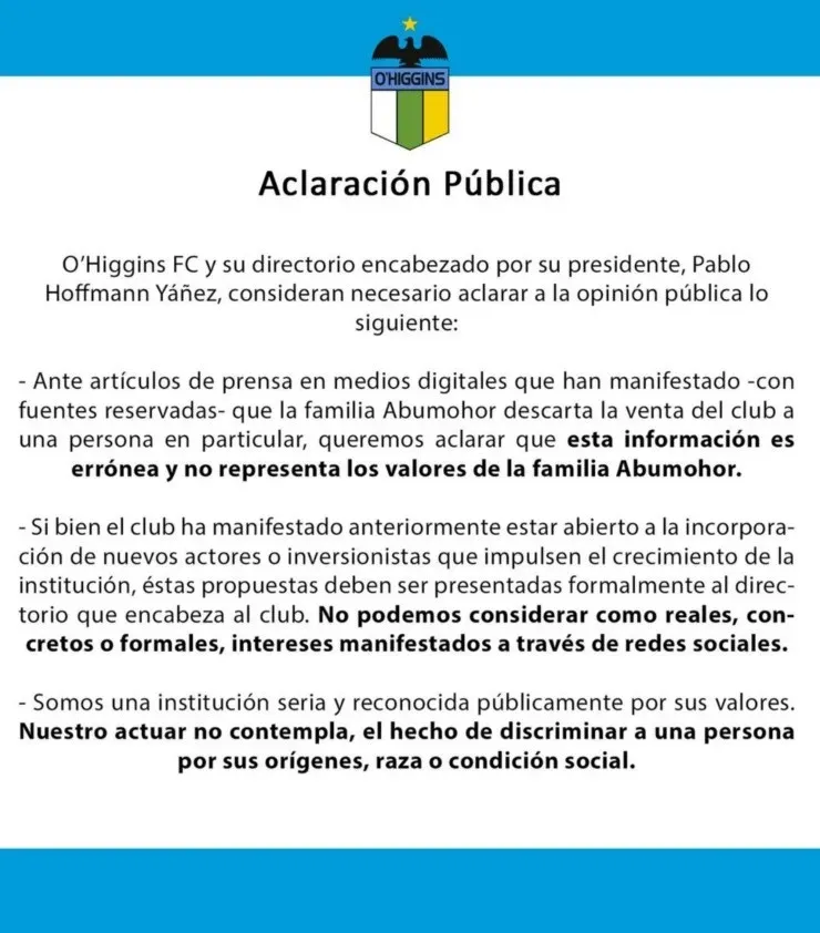O’Higgins descartó que exista discriminación en el caso de que Daniella Chávez presente una oferta por el club, con la formalidad requerida
