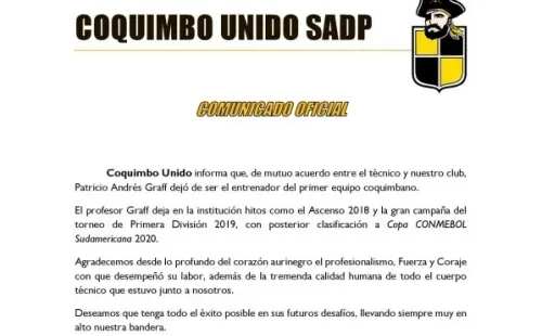 El comunicado de Coquimbo Unido sobre la salida de Patricio Graff.