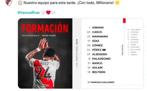 La formación de River Plate para el clásico, con Paulo Díaz y Pablo Solari de titulares.
