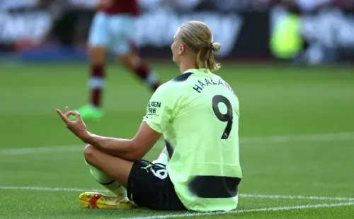 Así festejó Erling Haaland su primer gol en el Manchester City. Foto: Getty Images.
