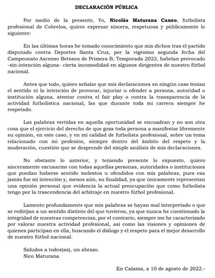 Nicolás Maturana hizo una declaración pública para dar explicaciones por sus críticas al arbitraje en Primera B