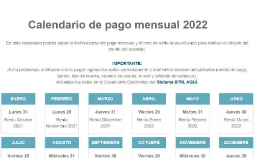 Calendario de pago mensual BTM 2022