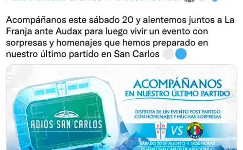 @Cruzados / La UC invita a su hinchada a despedir San Carlos