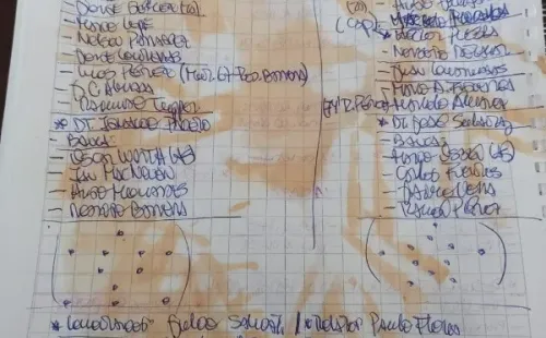 El apunte de Paulo Flores para su relato en la radio Monumental. Pd: está manchada con un café que se le dio vuelta a Julio Salviat, comentarista de la transmisión. (Cedida).
